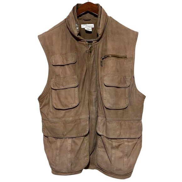 Vintage Leather Cargo Vest L Pockets Hood Photography Hunting